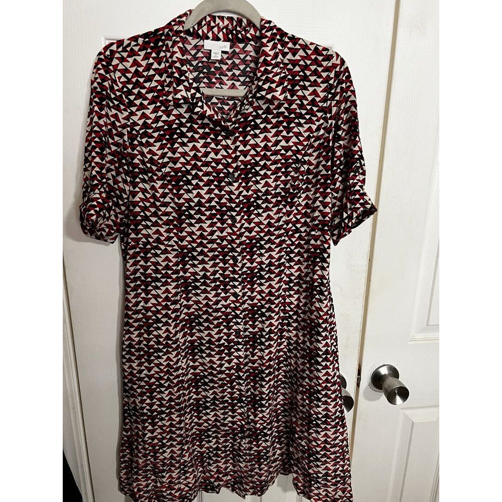 J Jill Midi Womens Mod Print Black Red Shirt Dress 6‎ Petite   Tab Sleeves